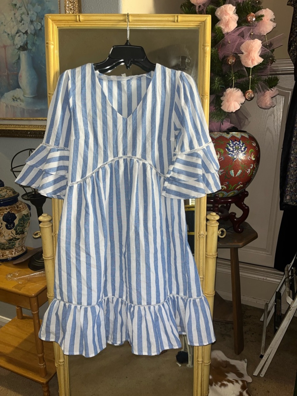 Striped Blue & White Ruffle Mini Dress - Picture 3 of 4